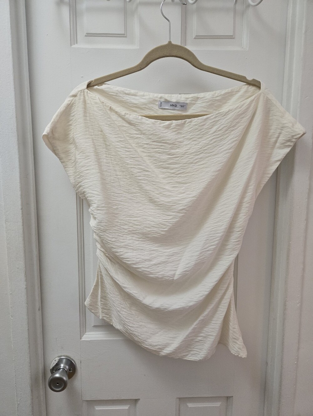 MANGO Cream Modal Off Shoulder Asymmetrical Top Blouse Soft Minimalist Small 6 - Picture 2 of 7